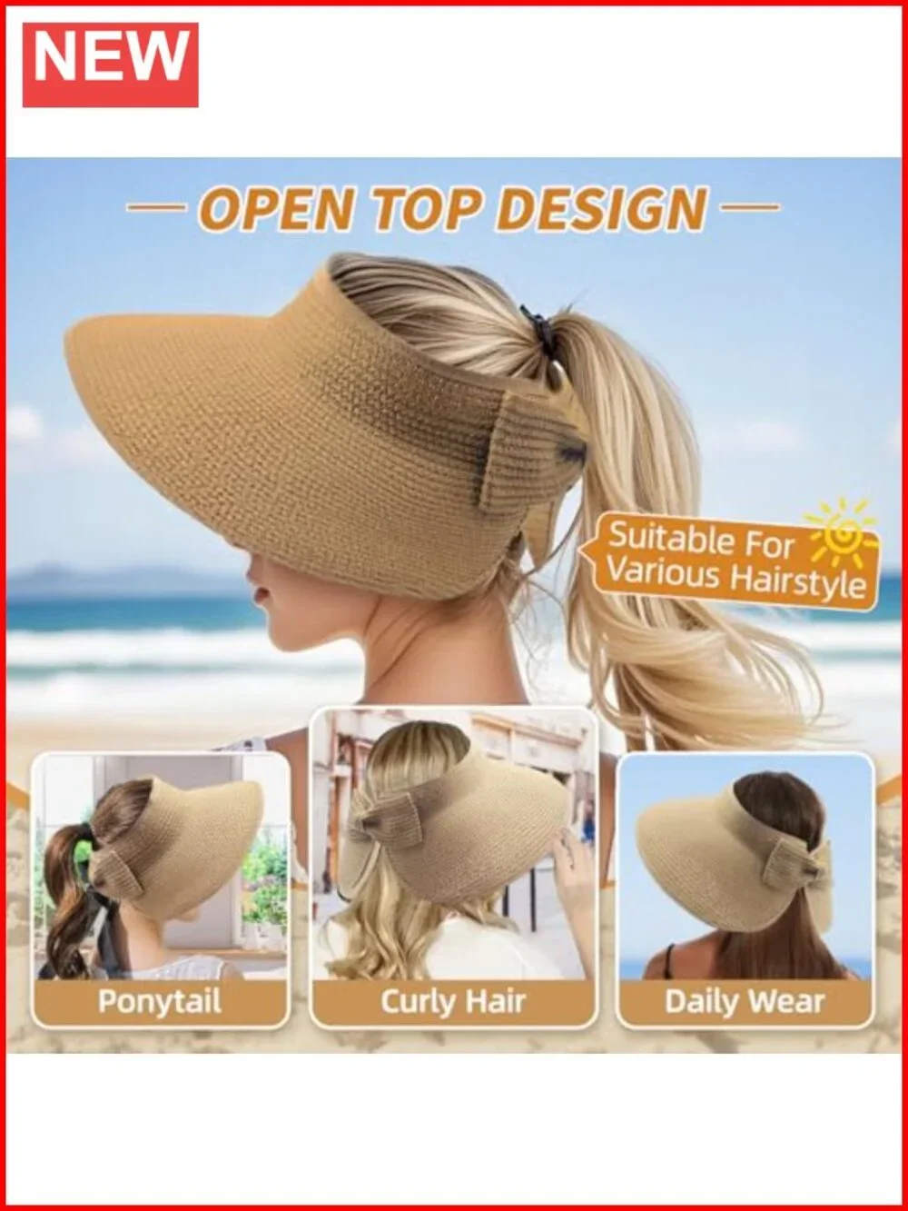 Wide Brim Straw Sun Visor Hat Women UPF 50+ Foldable Packable